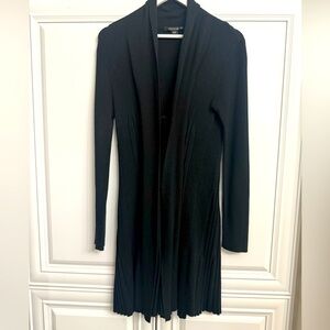 Femme One Size Long Black Open Front Cardigan with Ties Inner Front Pleated